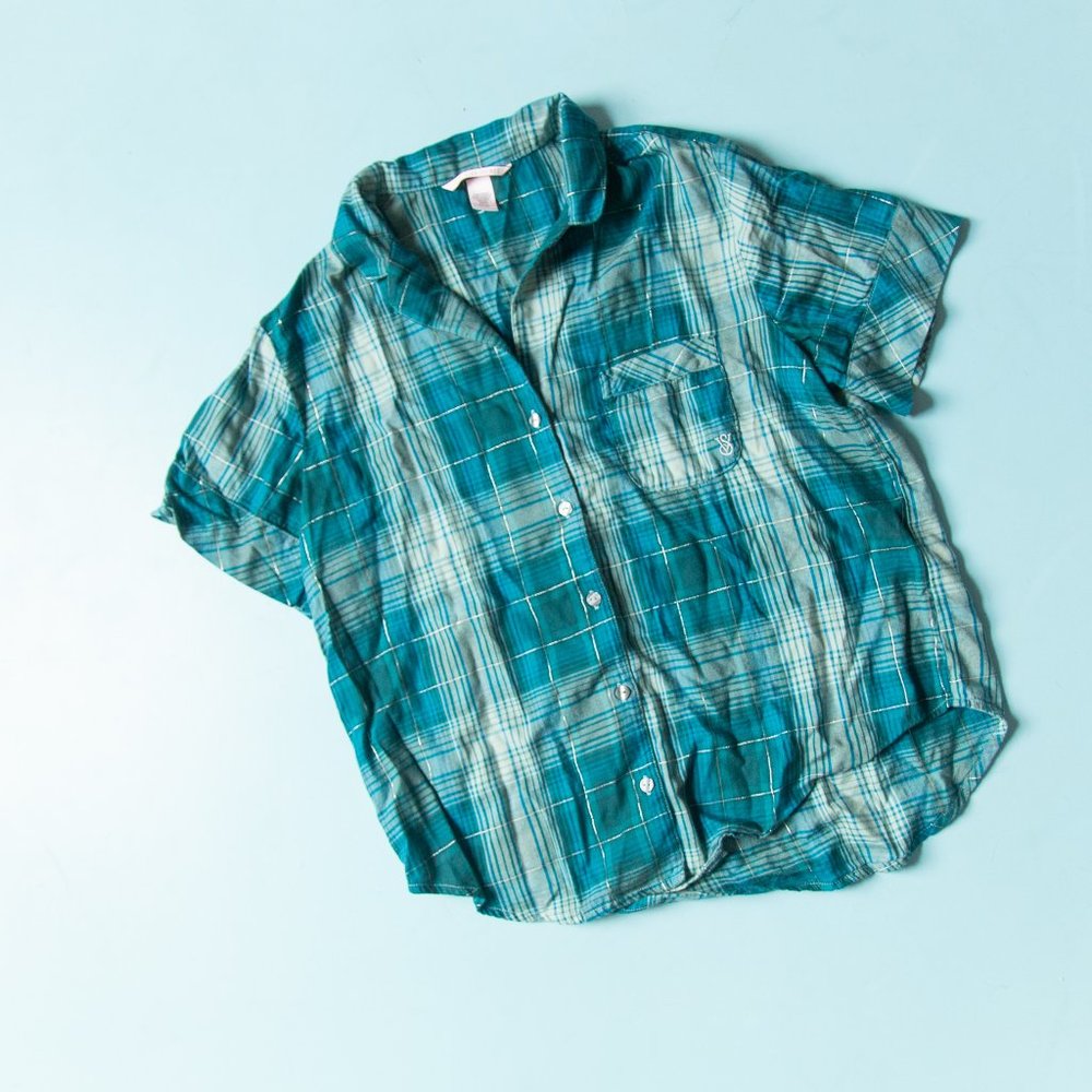 Victoria's Secret Turquoise Blue Plaid Short Sleeve Shorts Pajama Set Size Small - Picture 2 of 11